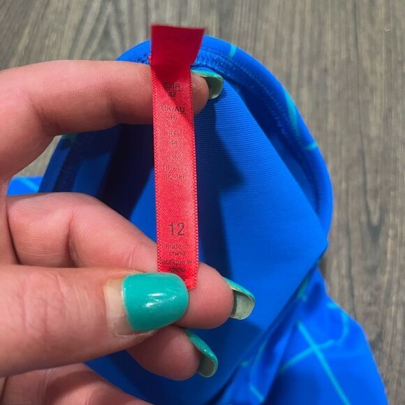 NWT Spanx Womens Flirty Skirted Swim Bikini Bottom Mid Rise Blue Geo Size 12 - Picture 8 of 8